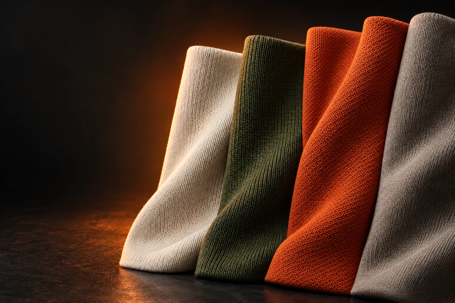 Koleksi kain Almegatex dengan tekstur combed single jersey, heavyweight, CVC pique, dan cotton fleece