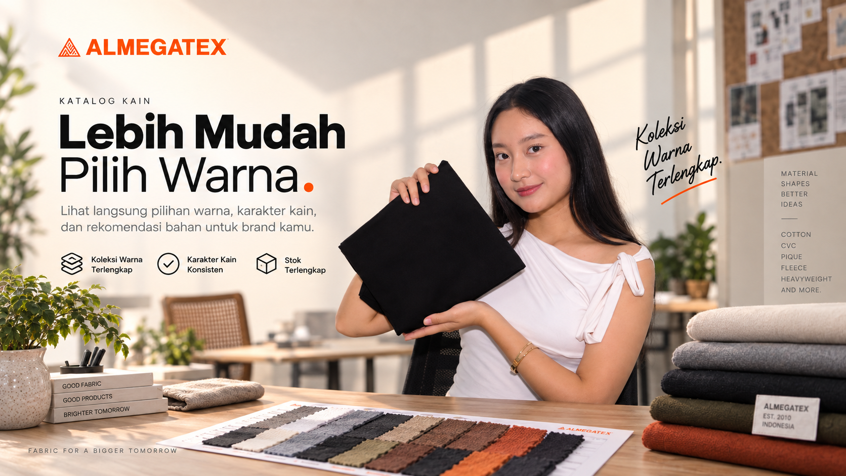 Katalog kain Almegatex dengan koleksi warna lengkap, karakter kain konsisten, dan stok lengkap